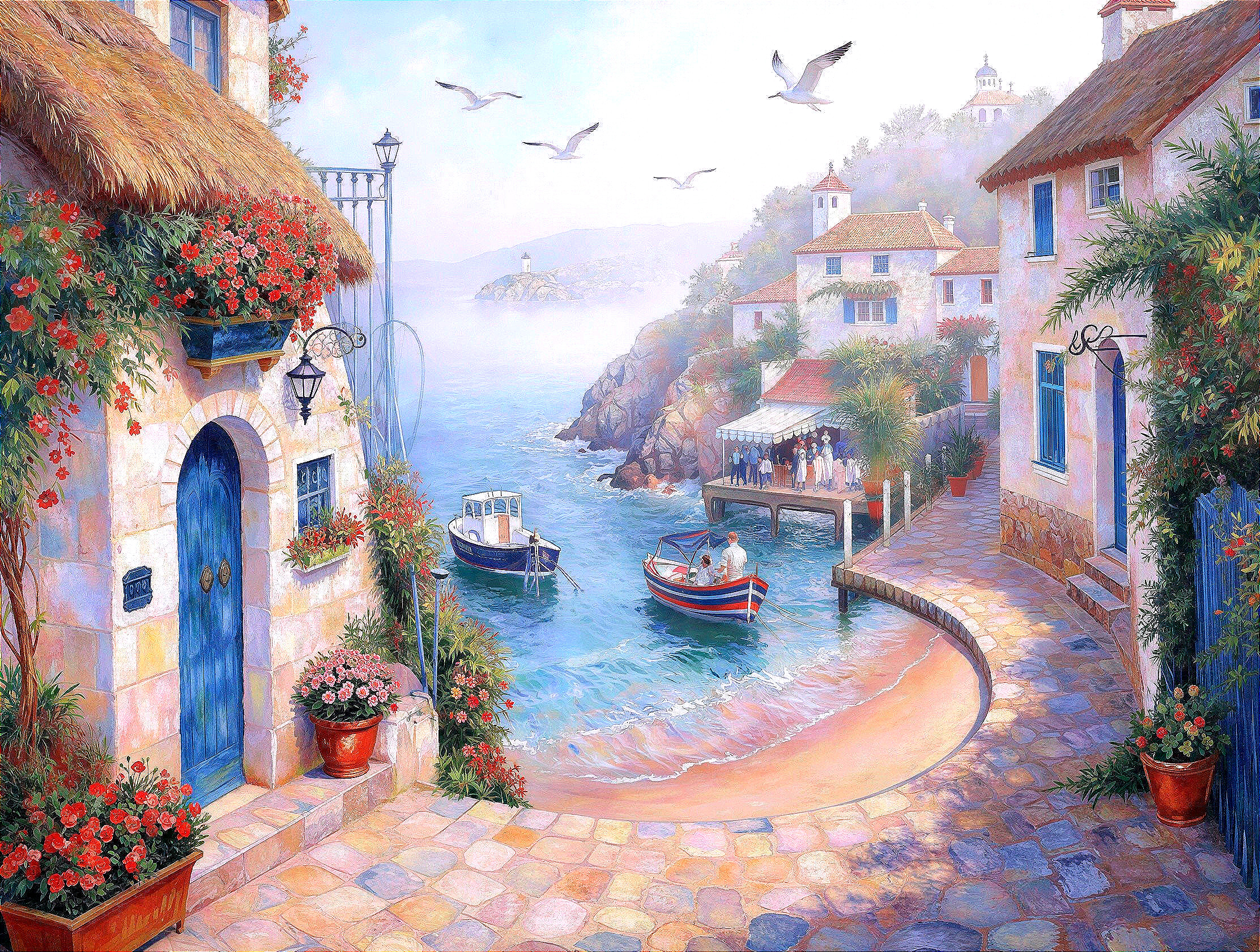 Impressionistic Painting of Mediterranean Coastal Village