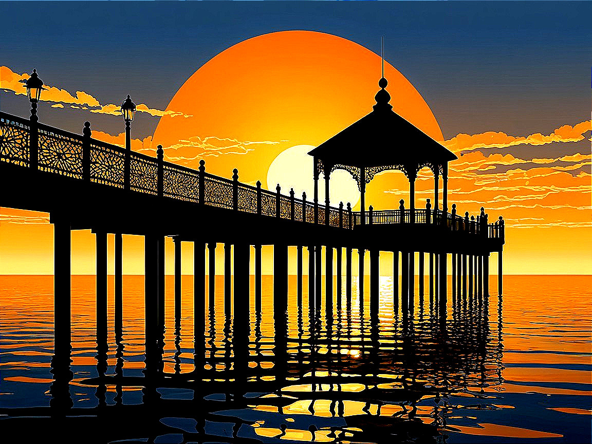 Serene Sunset Over Water with Silhouetted Pier and Gazebo