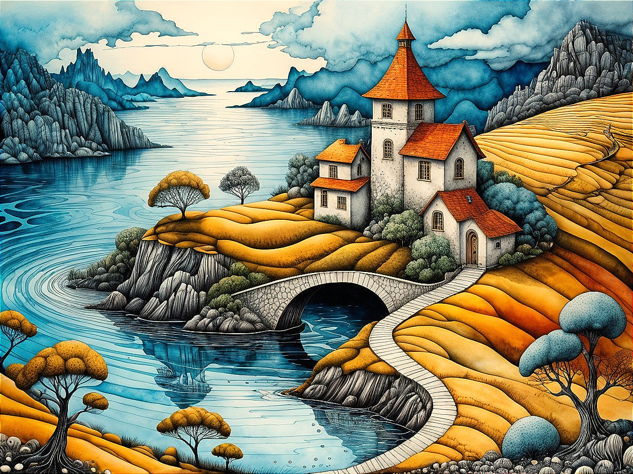 Whimsical Landscape with House and Scenic River