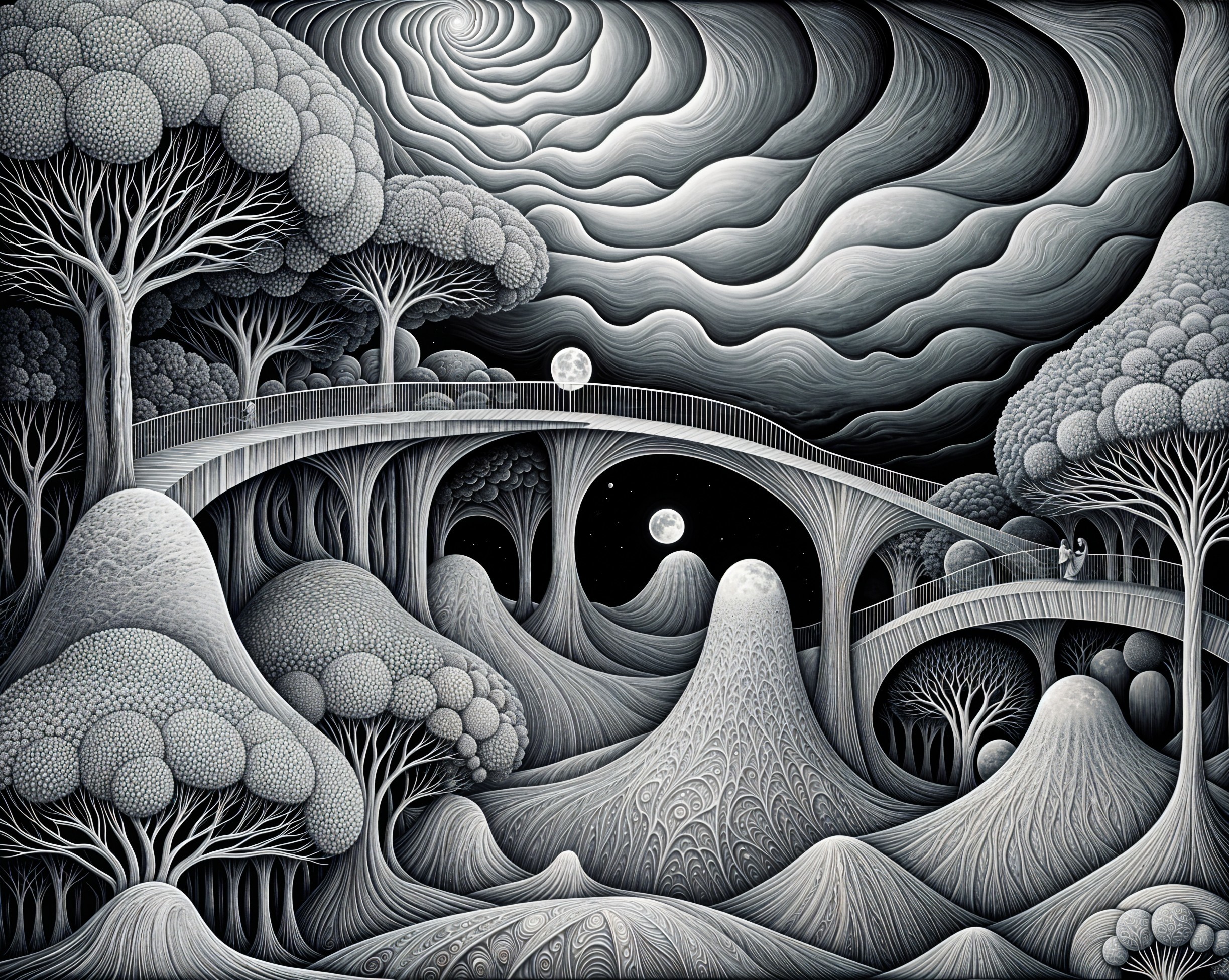 Monochromatic Surreal Landscape with Dreamlike Elements