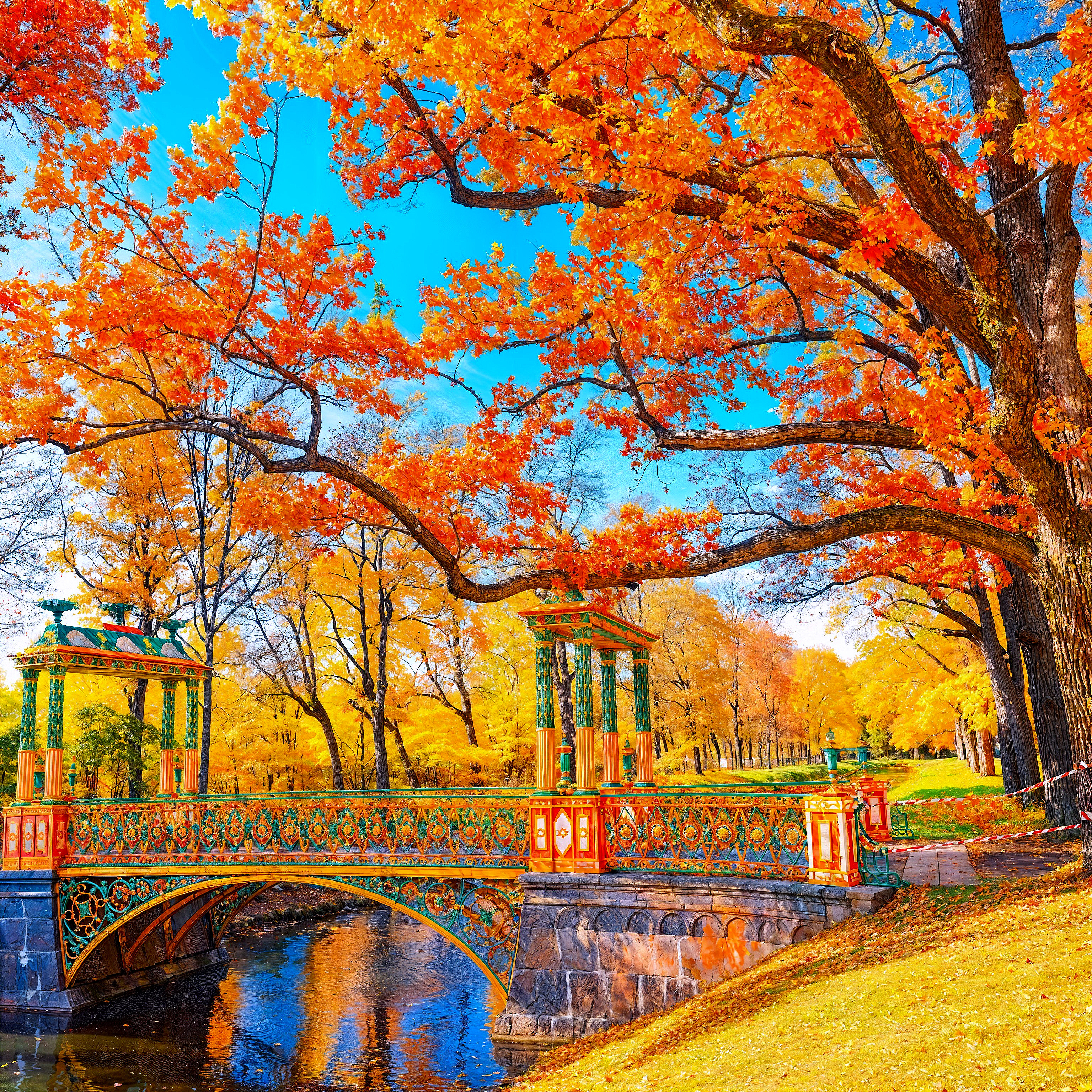 Ornate Bridge in Vibrant Autumn Park Landscape