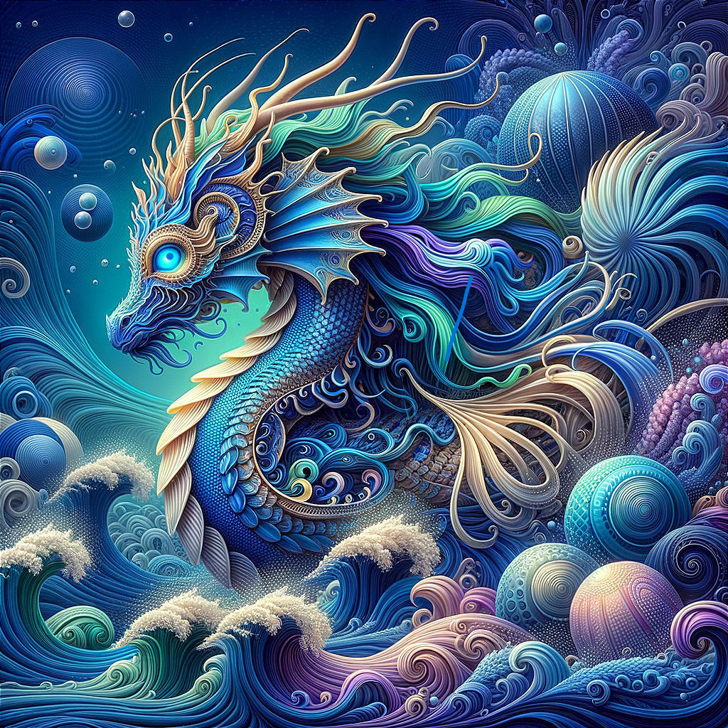 Majestic dragon in vibrant underwater scene with waves
