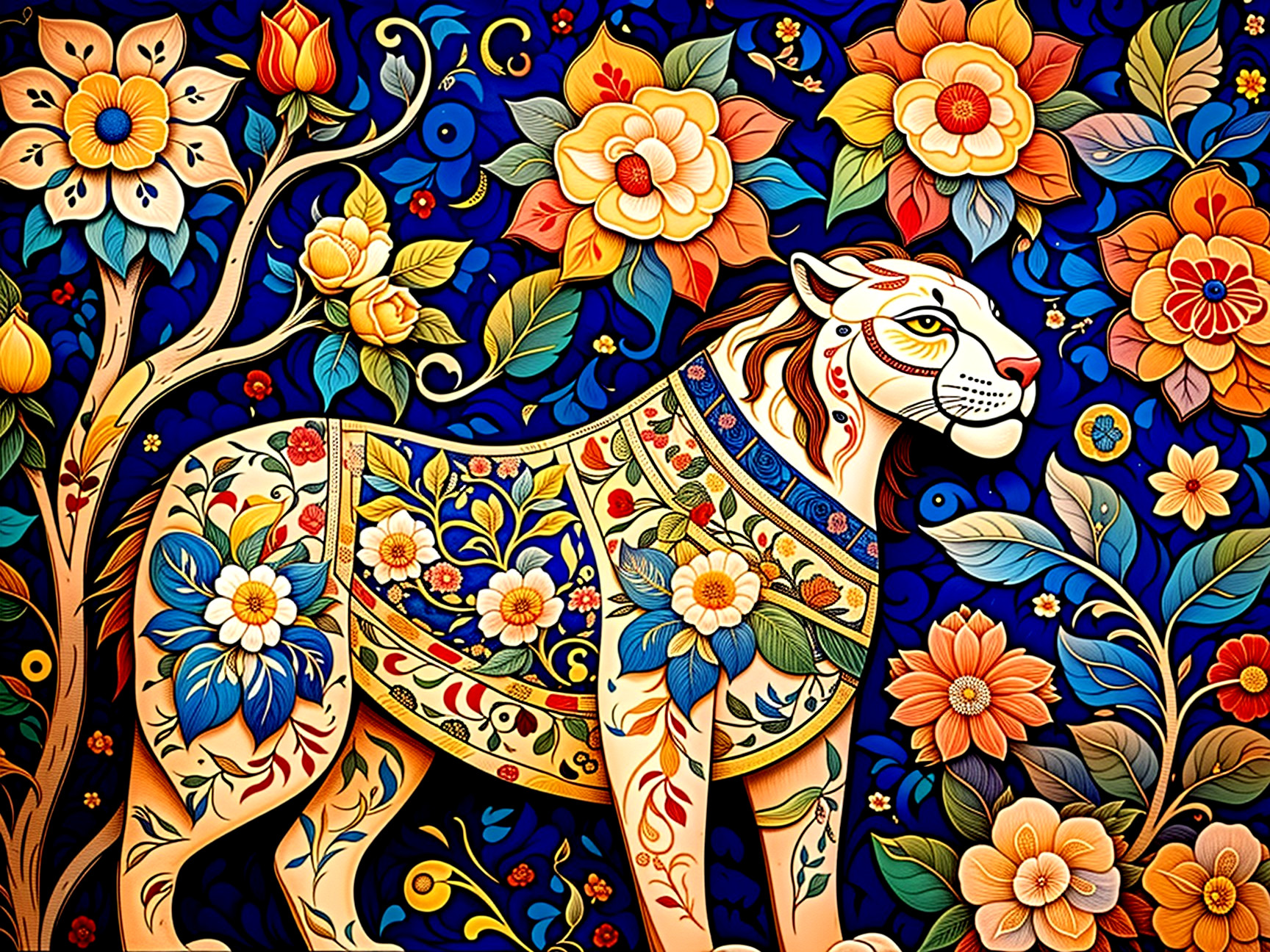 Vibrant Tiger Artwork with Floral Patterns and Blooms