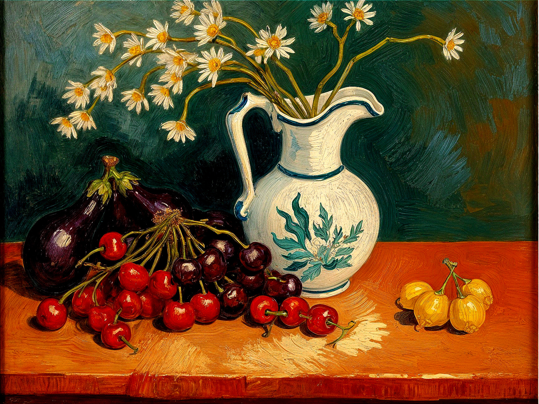 Still-Life Painting with Floral Pitcher and Fruits