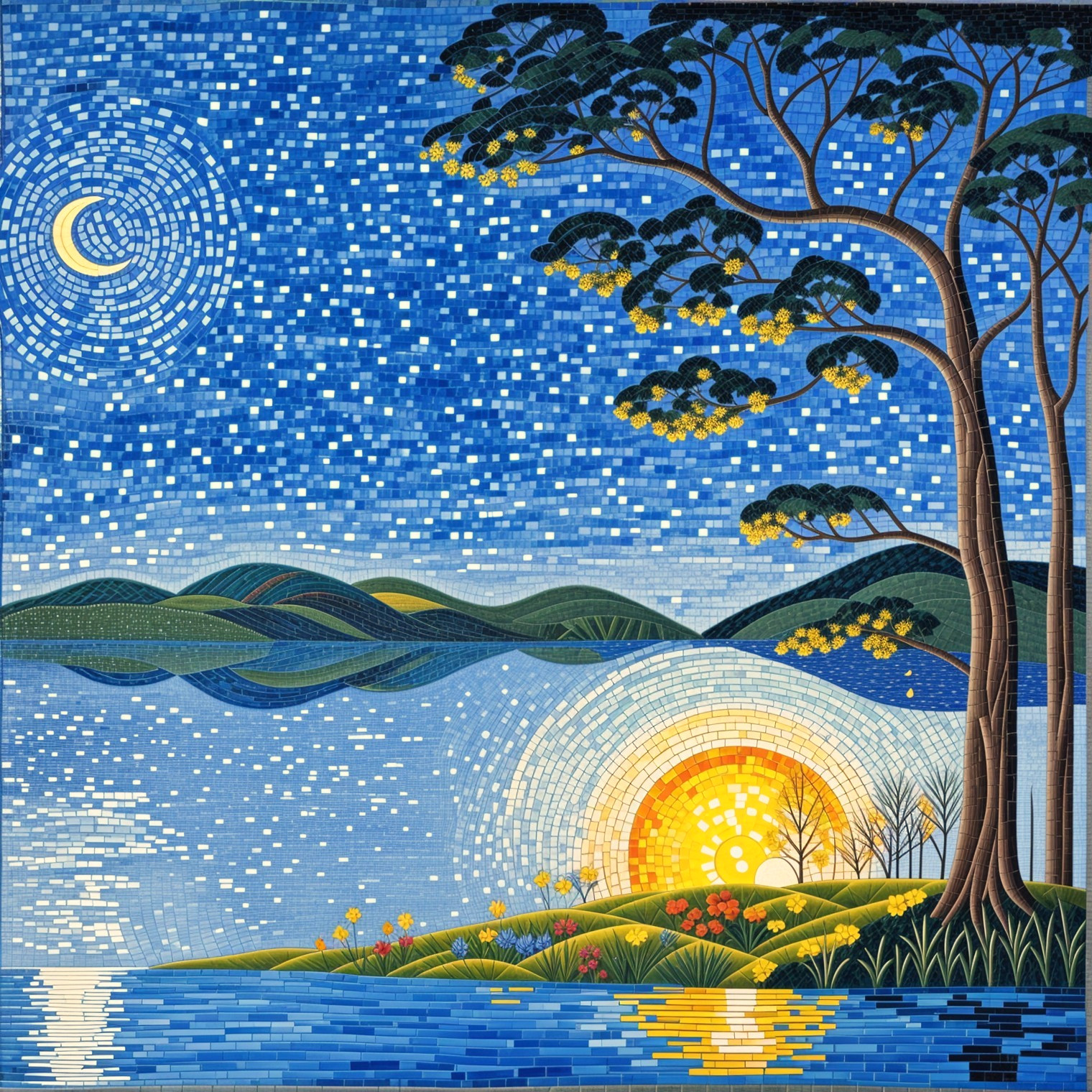 Vibrant Mosaic of a Serene Landscape at Sunrise