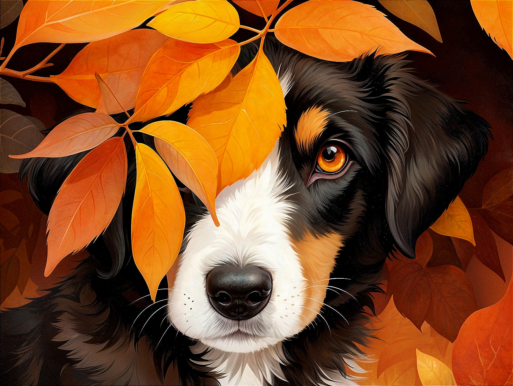 Bernese Mountain Dog Surrounded by Autumn Leaves