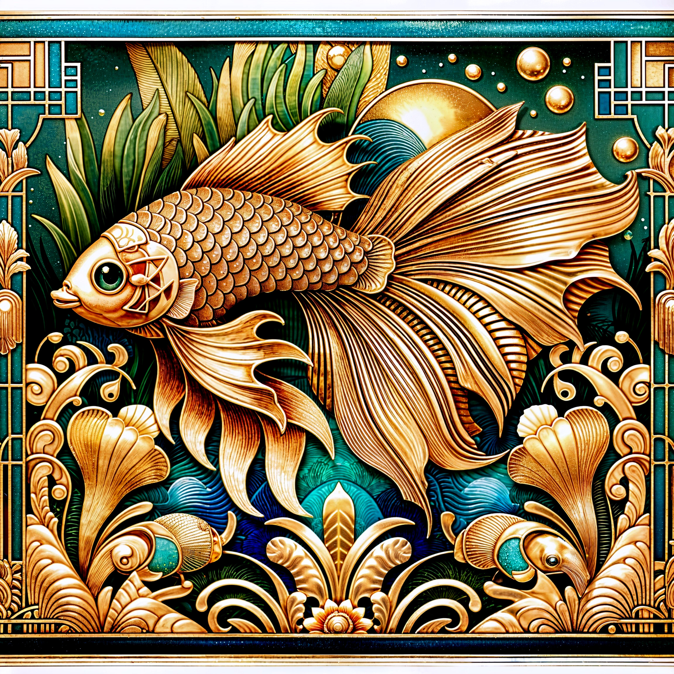 Detailed Illustration of a Goldfish in Aquatic Scene