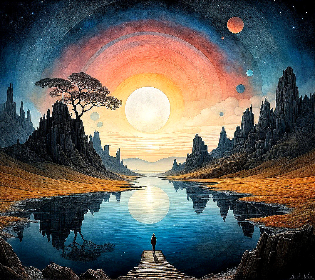 Serene landscape with lake, mountains, and vibrant sky