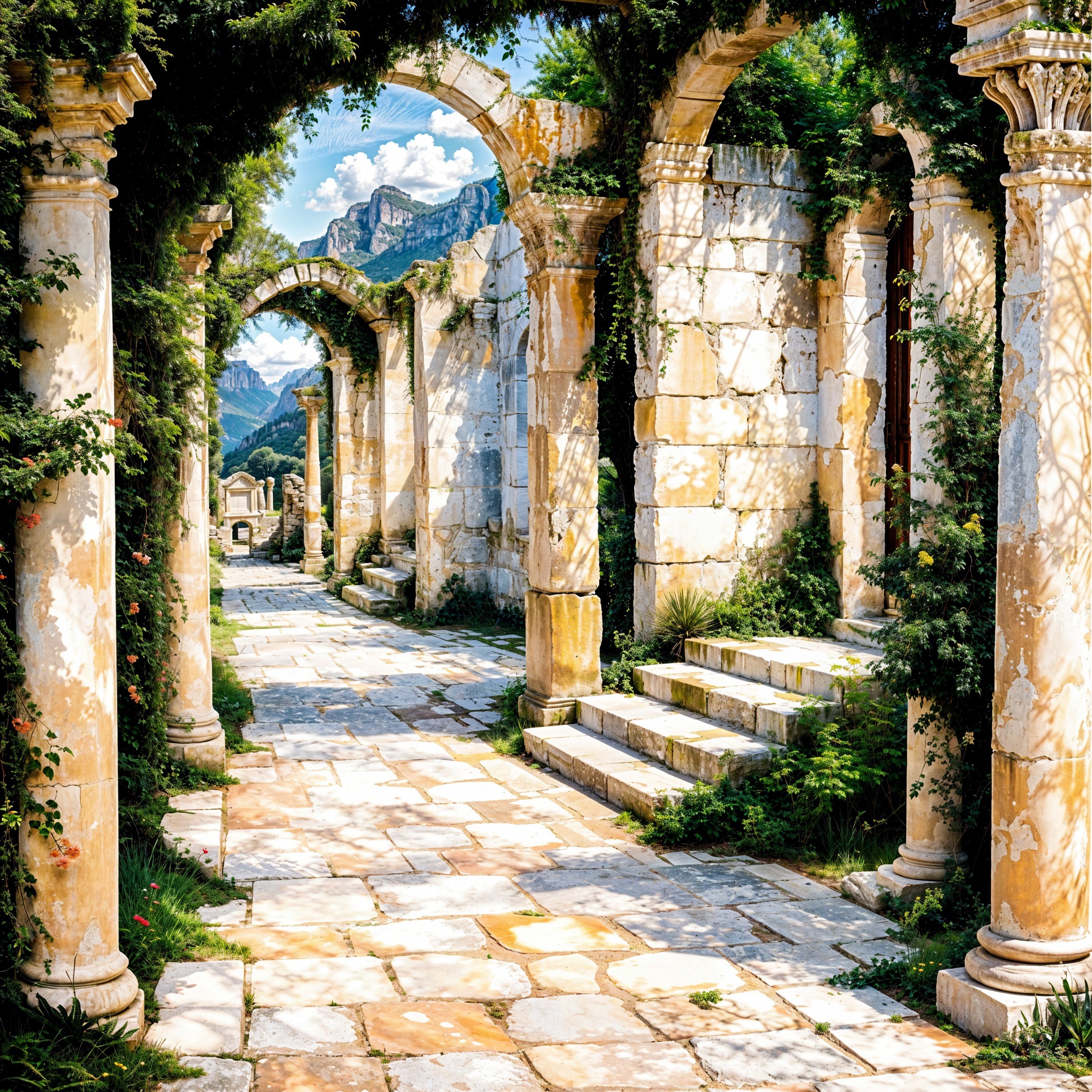 Ancient ruins with stone columns and lush greenery