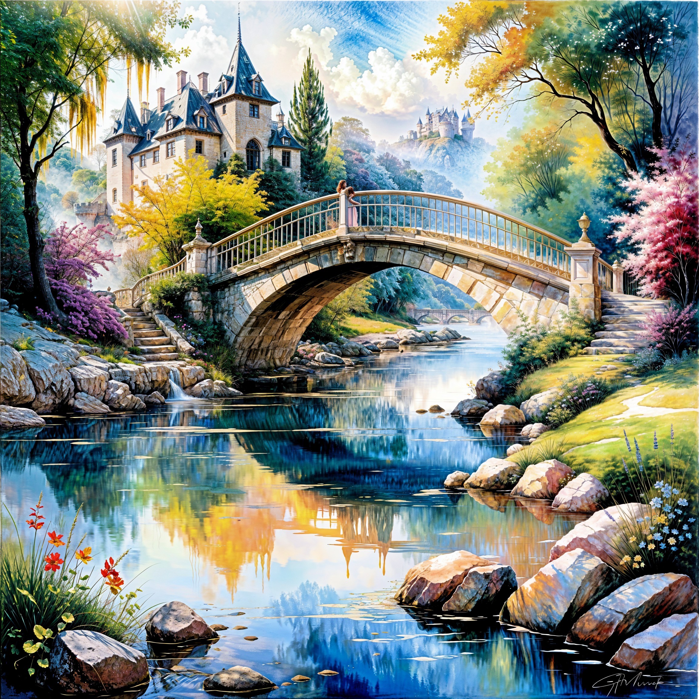 Charming Stone Bridge Over Serene River Landscape