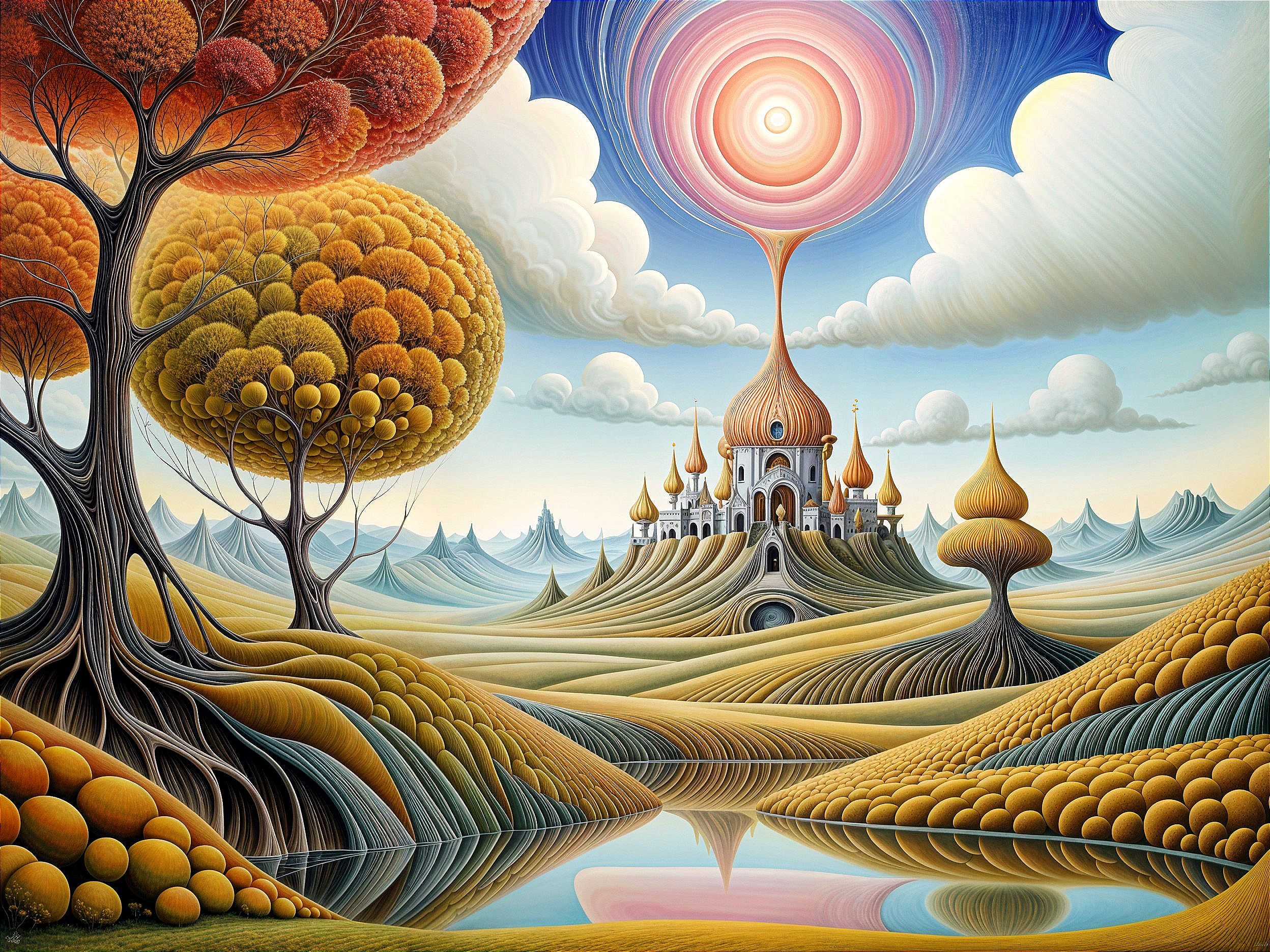 Surreal Landscape with Vibrant Trees and Castle