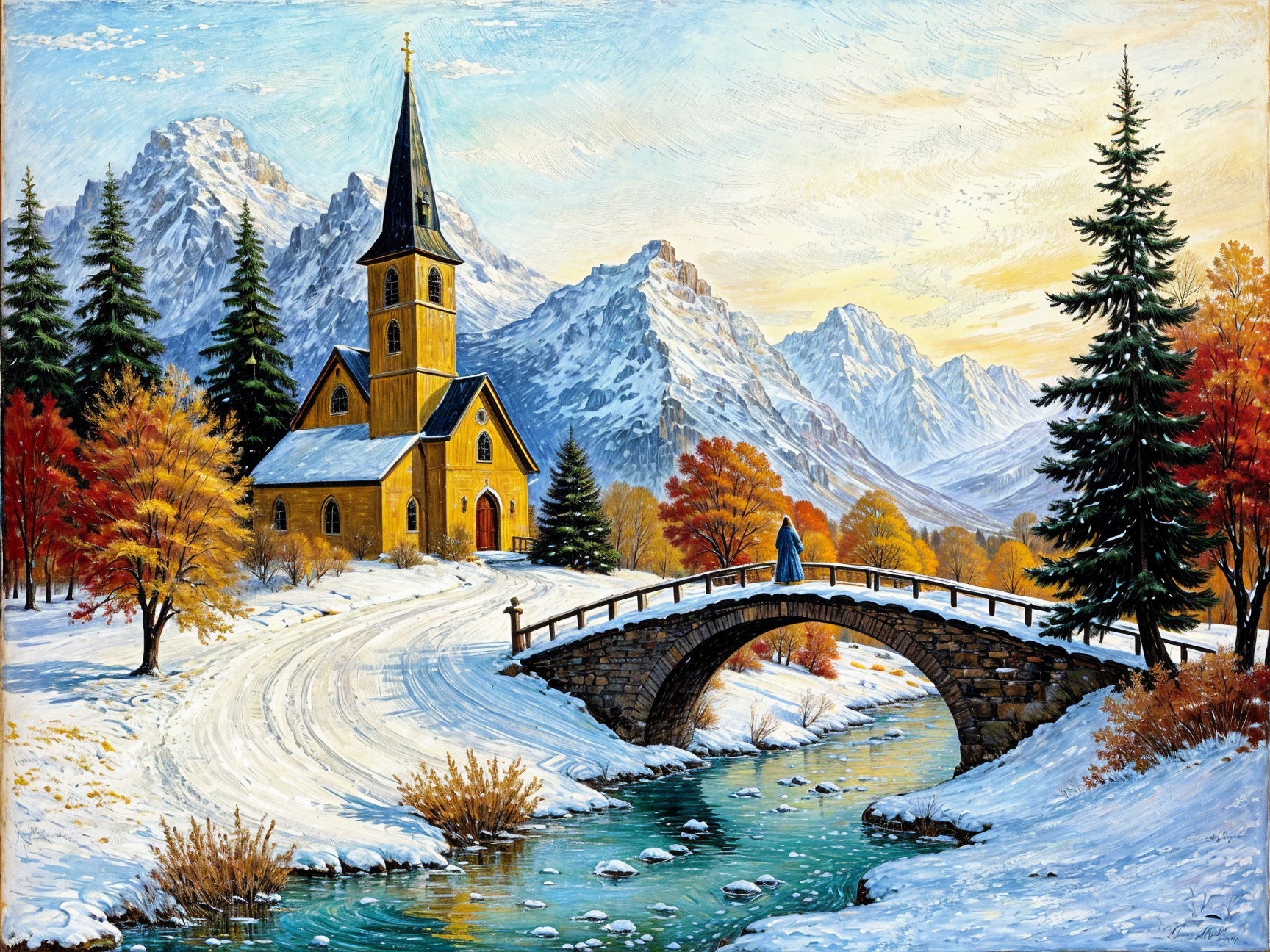 Winter Landscape with Church and Snowy Mountains