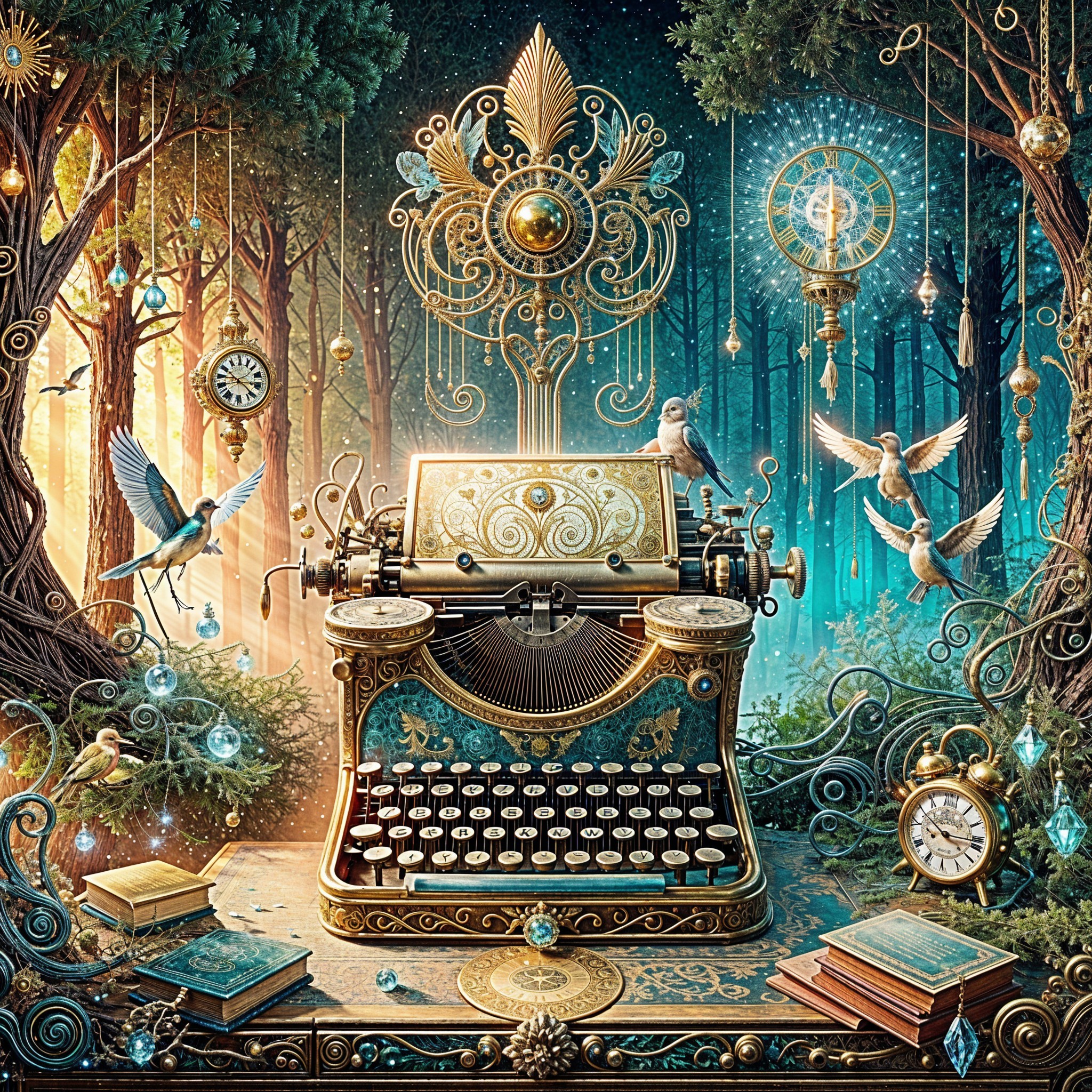 Ornate Typewriter in a Mystical Forest Setting