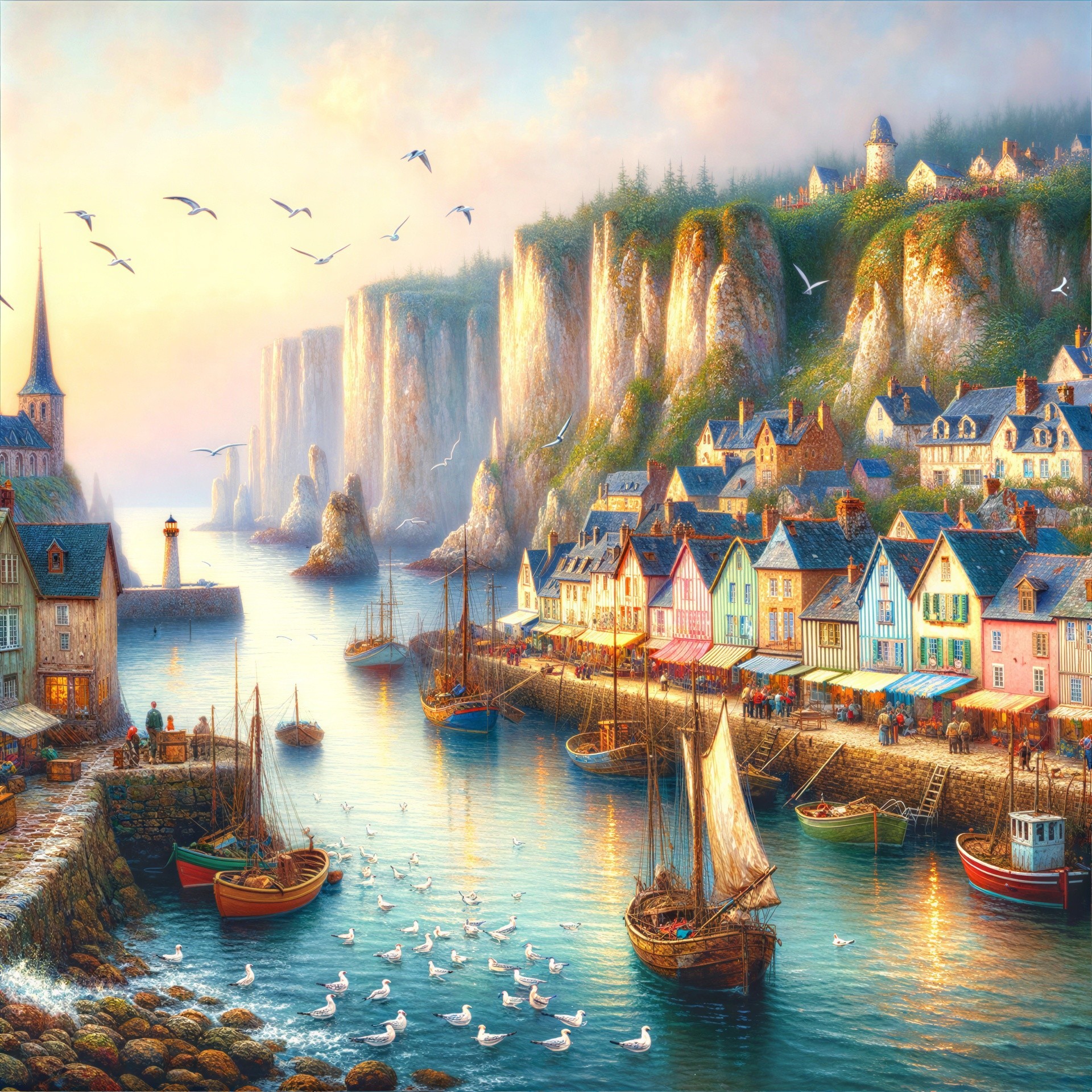 Vibrant Harbor Town Scene with Cliffs and Boats