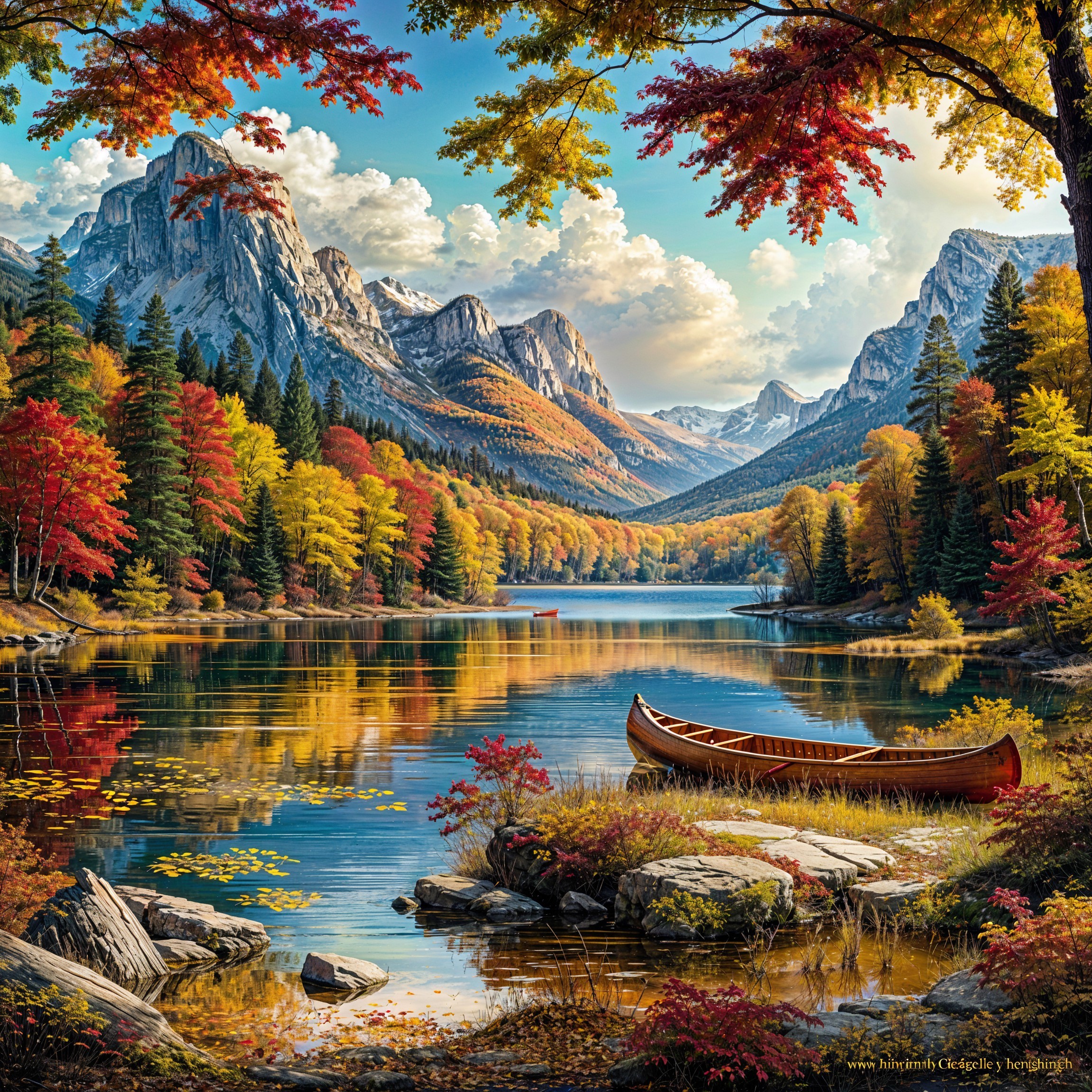 Autumn Landscape with Lake and Majestic Mountains