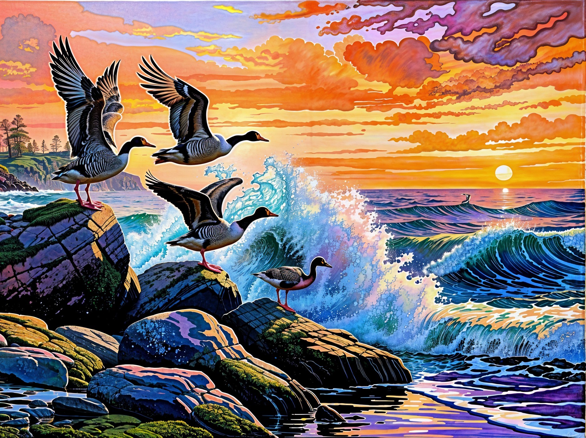Sunset at Ocean with Ducks and Rocky Shoreline