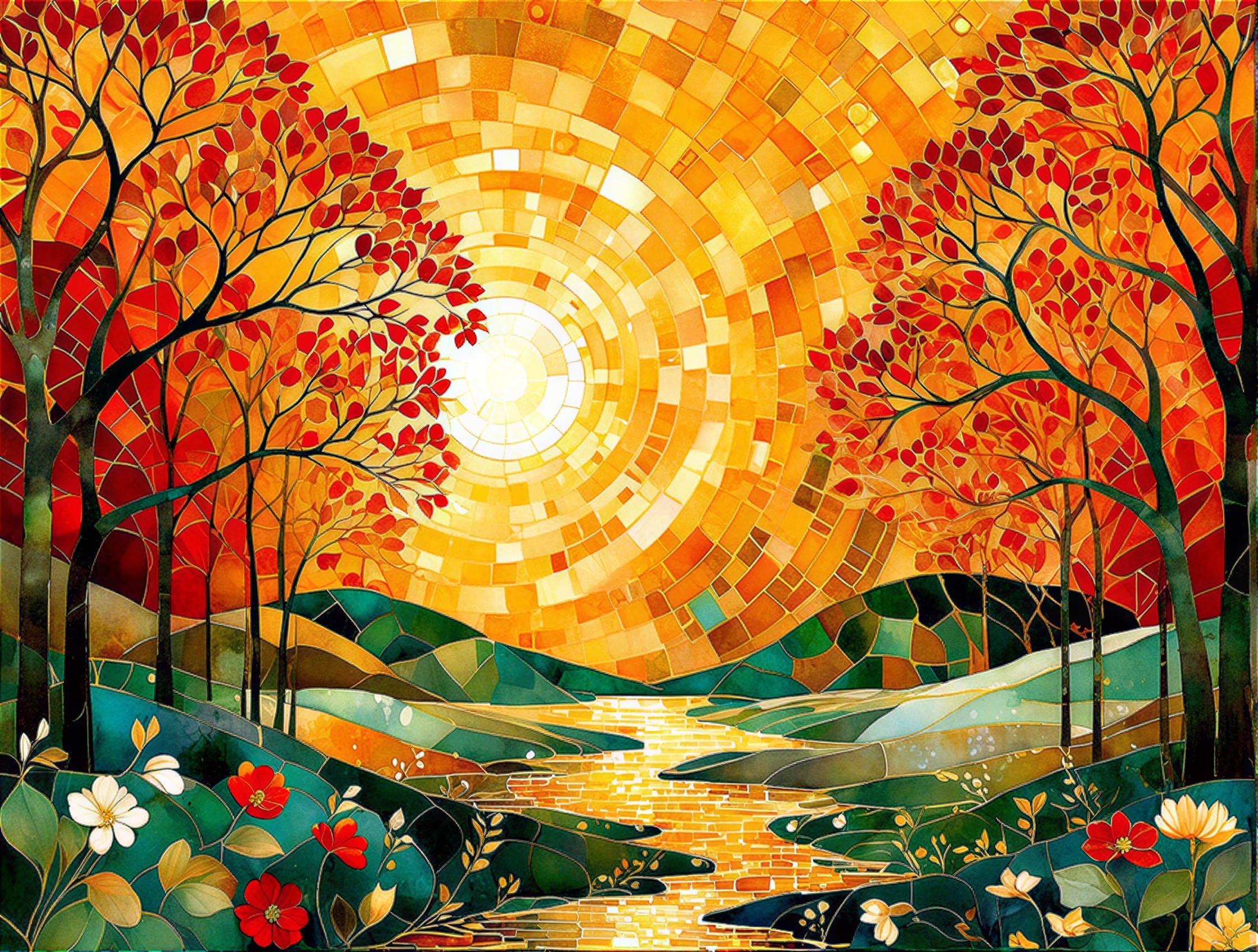 Vibrant Autumn Landscape with Fiery Foliage and River