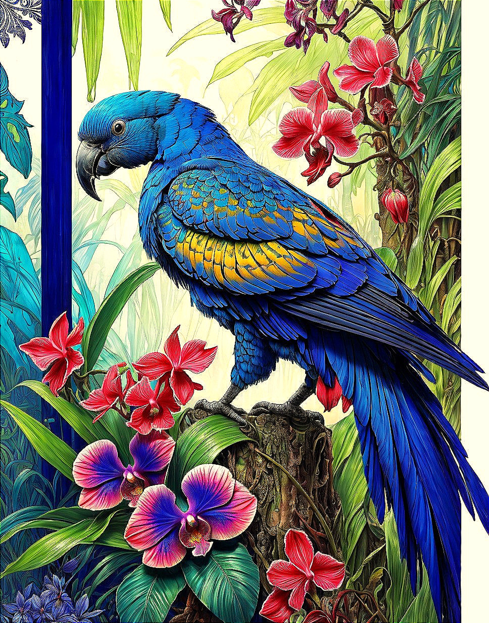 Vibrant Blue Parrot on Mossy Stump in Tropical Scene