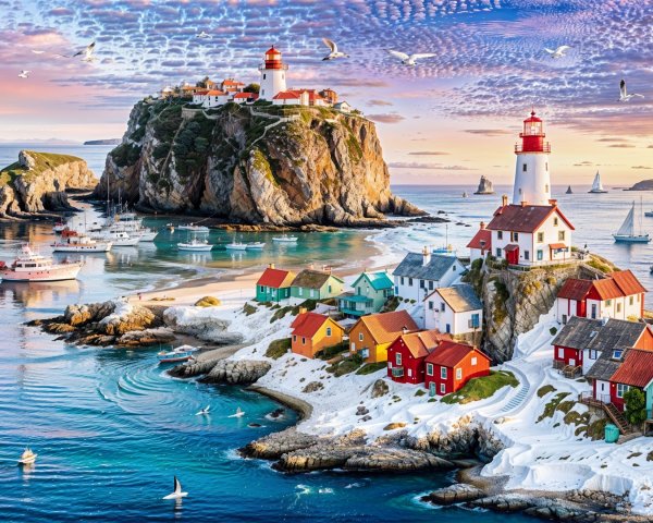 Coastal Scene with Colorful Houses and Lighthouse