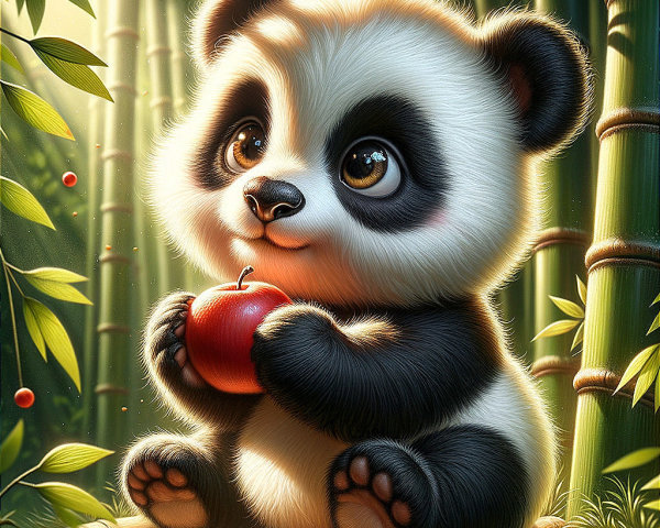 Fluffy Panda with Apple in Lush Bamboo Setting