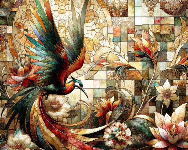 Vibrant Phoenix Surrounded by Floral Mosaic Design