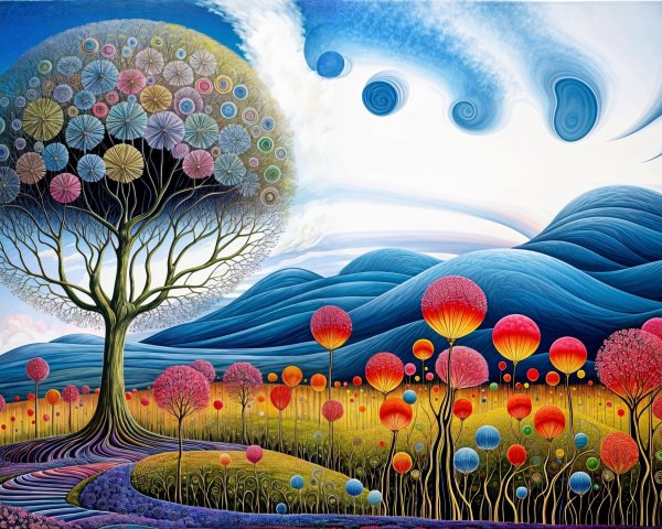 Surreal Landscape with Colorful Tree and Orbs