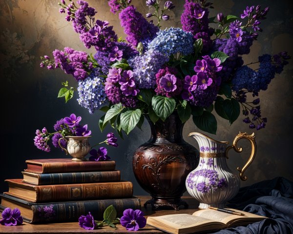 Still Life with Vibrant Flowers and Antique Objects