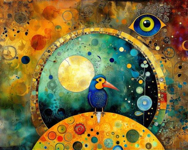 Vibrant Abstract Composition with Sun and Bird Elements