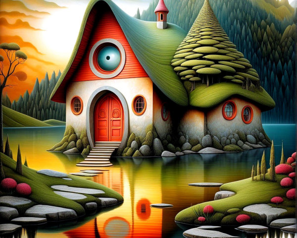 Whimsical House by a Tranquil Lake at Sunset