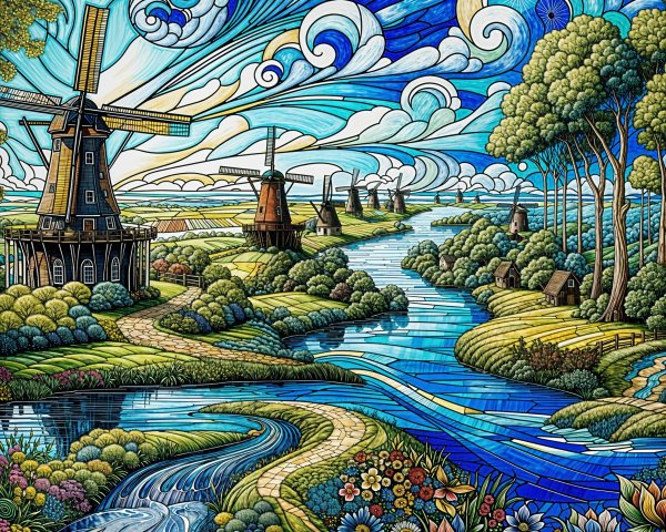 Vibrant Landscape with Windmills and Colorful Sky