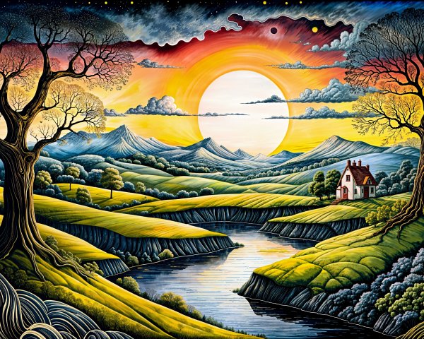 Vibrant Landscape with Rolling Hills and River Scene