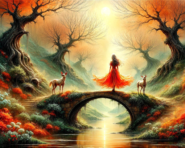 Woman in Red Dress on Stone Bridge in Autumn Landscape