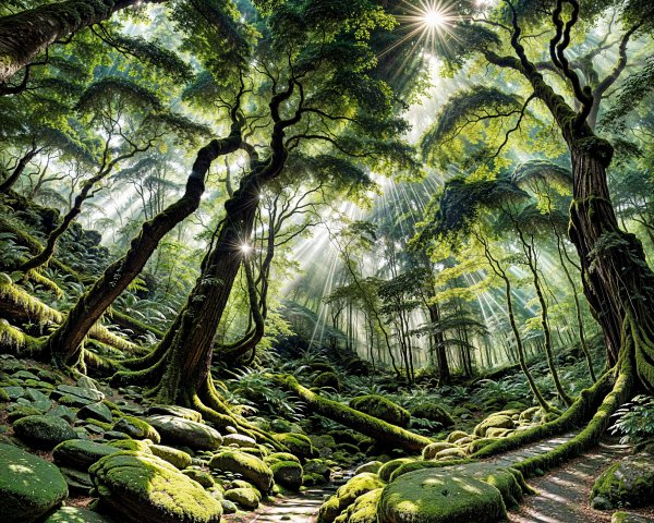 Serene Forest Landscape with Towering Trees and Moss