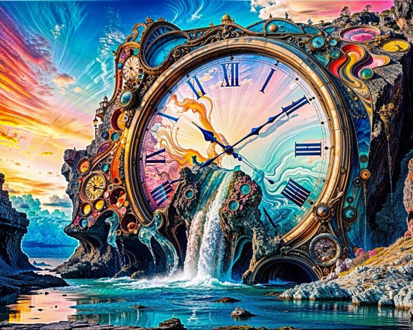 Surreal Landscape with Giant Clock and Waterfall