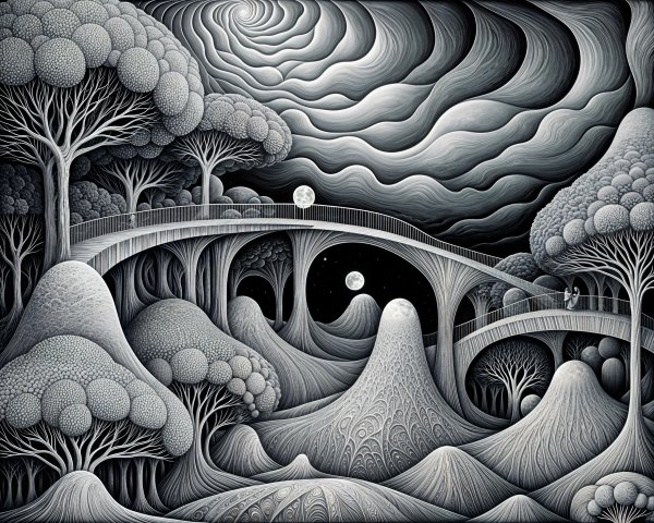Monochromatic Surreal Landscape with Dreamlike Elements