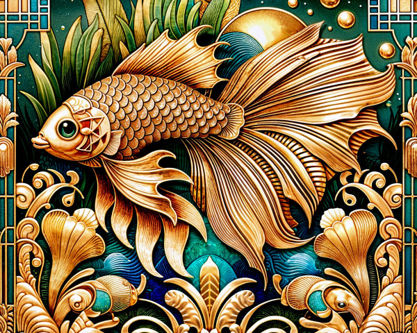 Detailed Illustration of a Goldfish in Aquatic Scene