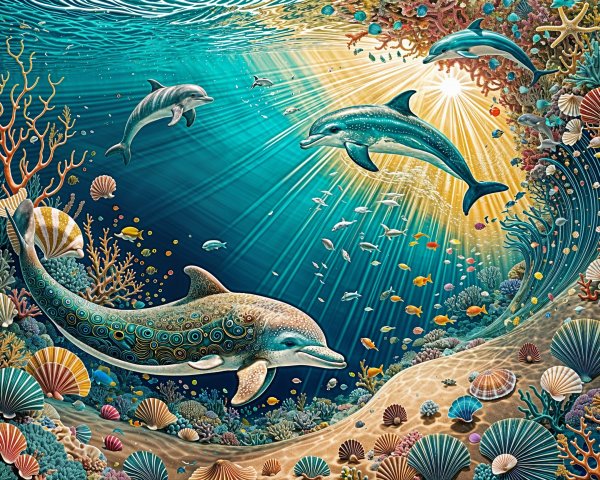 Vibrant Underwater Scene with Dolphins and Coral Reefs