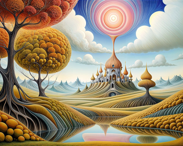 Surreal Landscape with Vibrant Trees and Castle