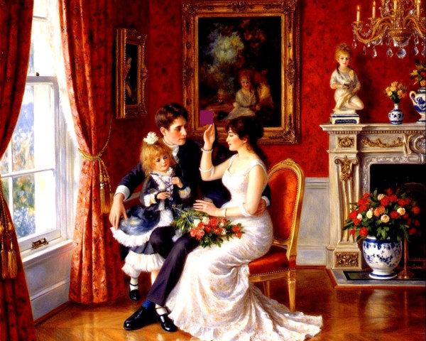 Elegant Room with Couple and Child Holding Doll