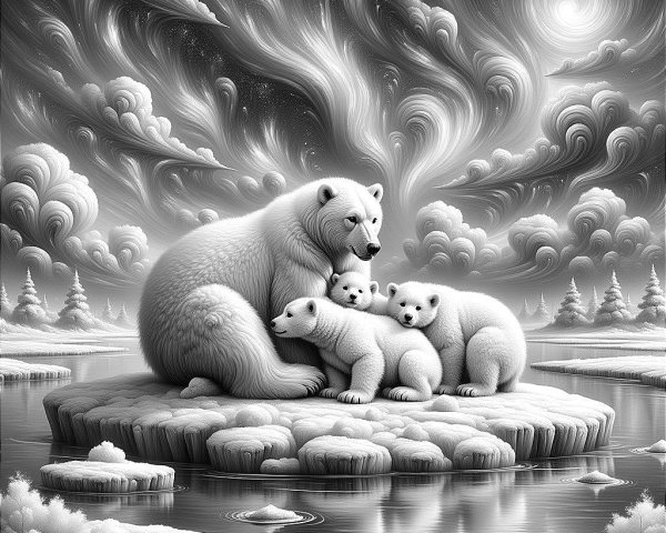 Mother Polar Bear and Cubs on Ice Floe Scene