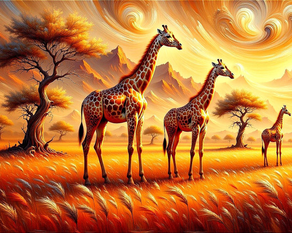 Giraffes in a Colorful Landscape with Majestic Mountains