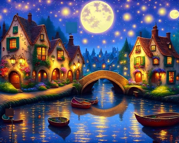 Serene Nighttime Scene with Cottages and Canal