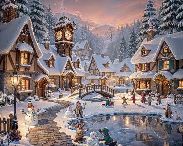 Whimsical Christmas Village with Snowy Gingerbread Houses