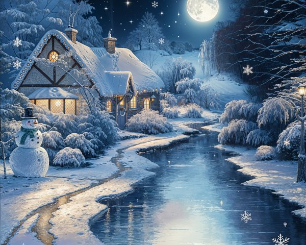Whimsical Winter Wonderland with Cottage and Snowman