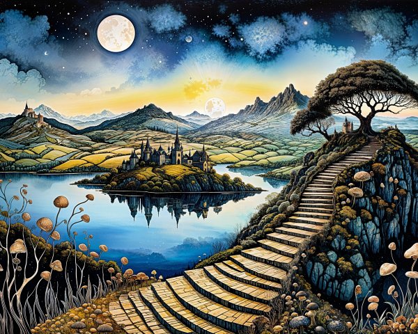 Serene landscape with winding path and enchanting castle