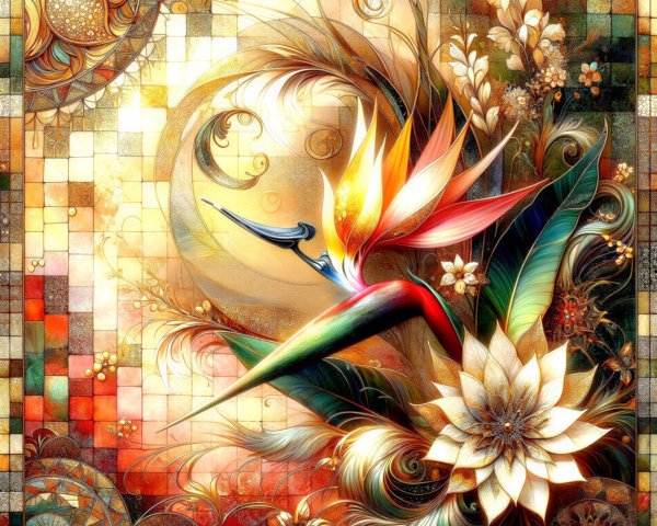 Vibrant Digital Artwork of Bird of Paradise and Florals