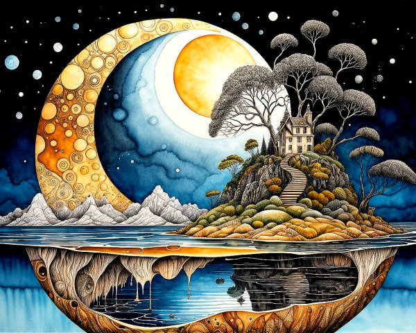 Surreal Island Landscape with Moon and Sun Elements