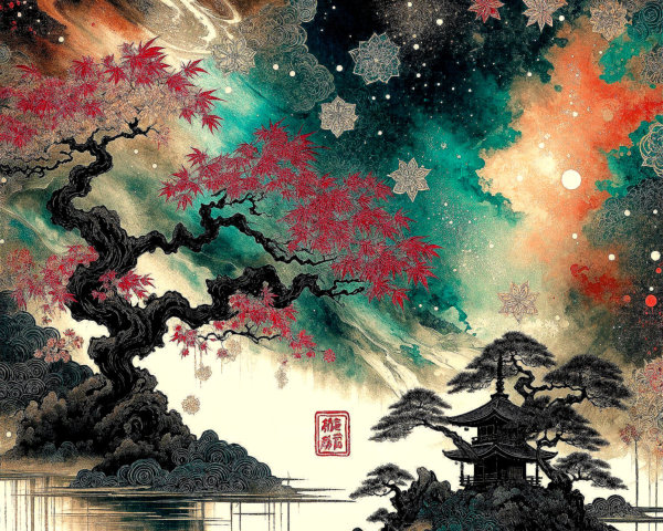 Ancient Tree and Pagoda in a Dreamy Night Landscape