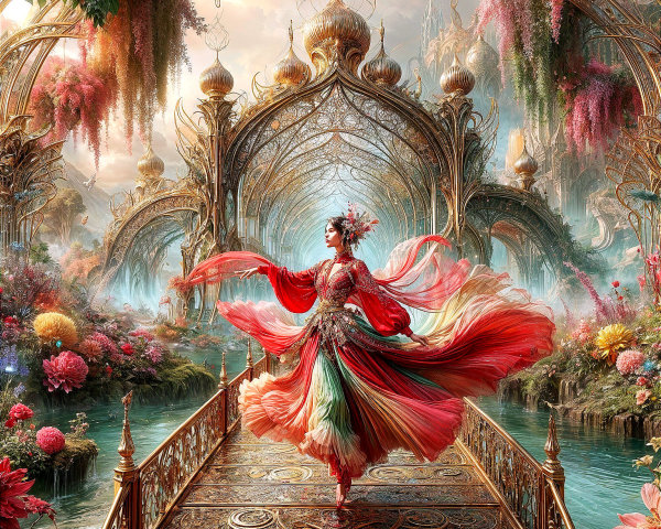 Dancer on Ornate Bridge in Vibrant Fantasy Landscape
