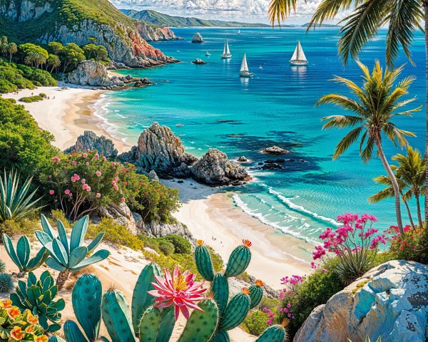 Coastal Paradise with Beach and Lush Greenery